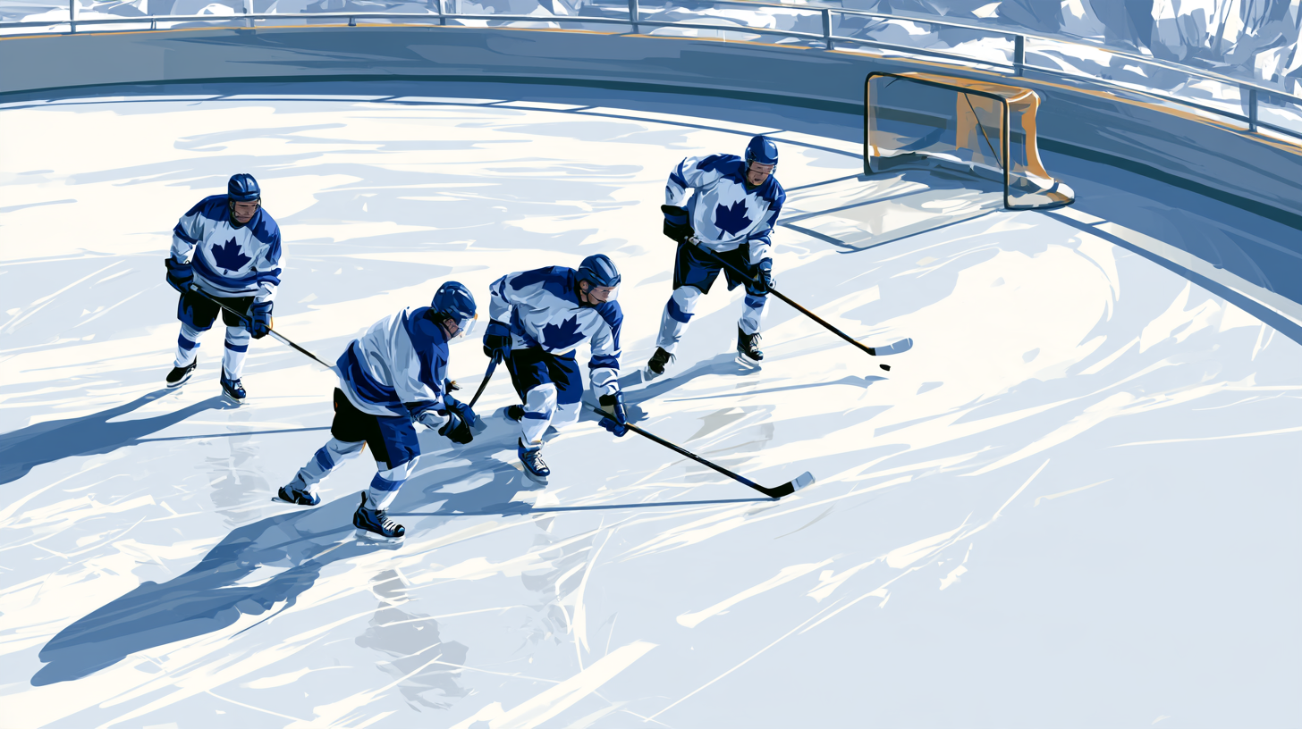 Four ice hockey players in matching uniforms are skating on an ice rink near a goal.